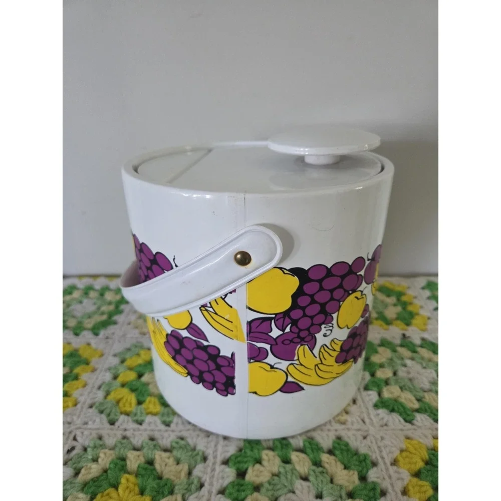 Vintage Ice Bucket 1970's Retro Yellow Purple Fruit Pattern